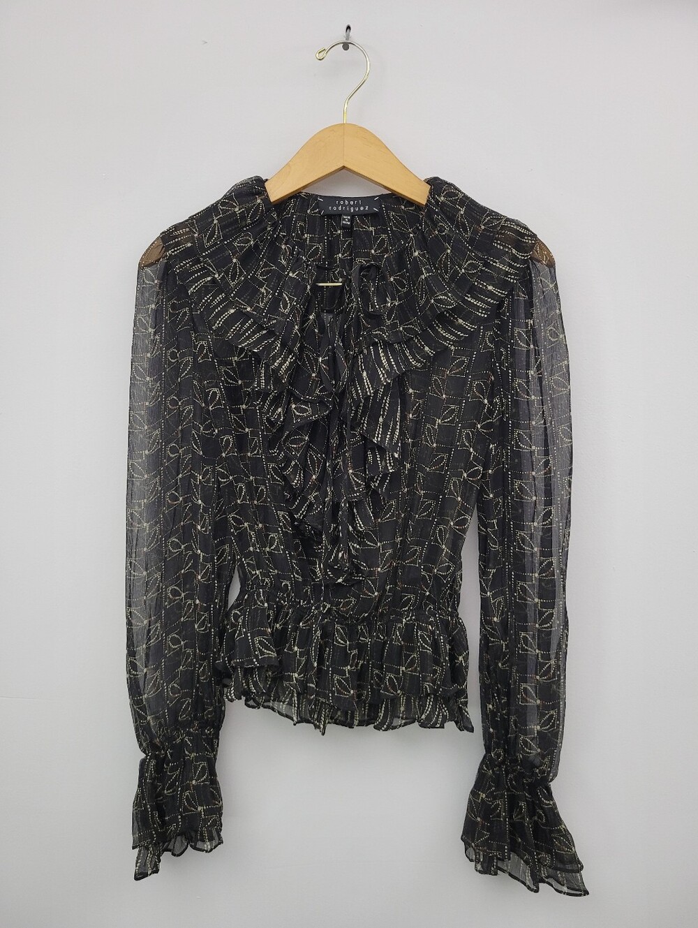 Robert Rodriguez Silk Sheer Printed Blouse Black Sz 0